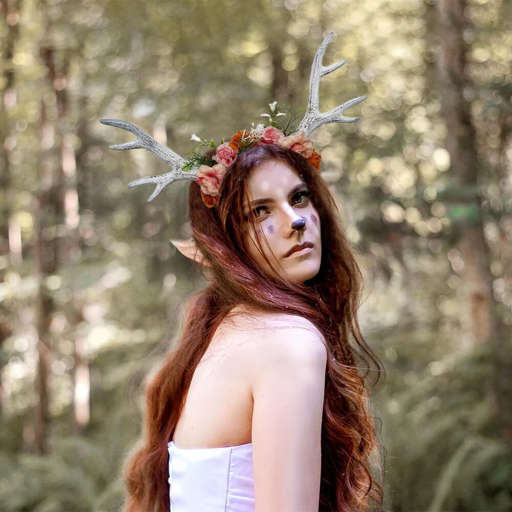 1479 Deer Antler Headband Reindeer Horns Rose Flower Crown Headpiece - Picture 3 of 5